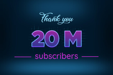 20 Million subscribers celebration greeting banner with Purple Glowing Design