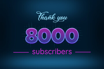 8000 subscribers celebration greeting banner with Purple Glowing Design