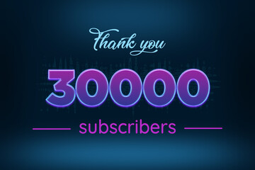 30000 subscribers celebration greeting banner with Purple Glowing Design