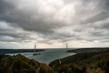 cargo ship transporting in sea on cloudy and bridge background , international trade