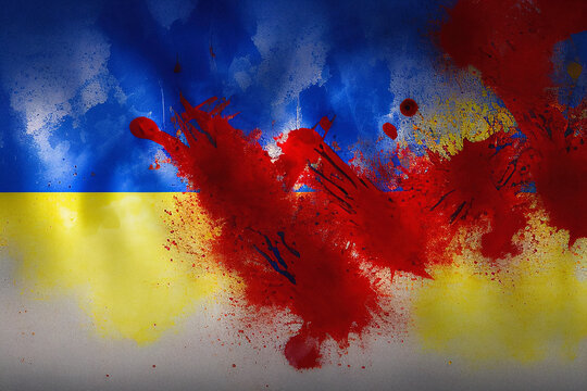 The bloody war in Ukraine, the flag covered in blood and dirt