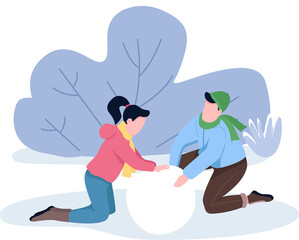Couple making snowman together semi flat color raster characters. Sitting figures. Full body people on white. Park visitors simple cartoon style illustration for web graphic design and animation