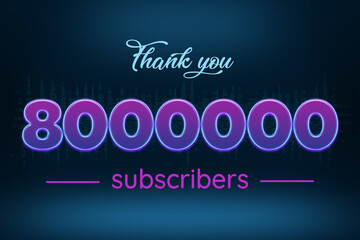 8000000 subscribers celebration greeting banner with Purple Glowing Design