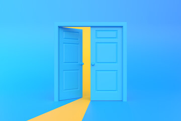Yellow light going through the opening doors in blue background room. Architectural design element. Minimal creative concept. 3D rendering 3D illustration