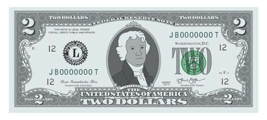 US Dollars 2 banknote - American dollar bill cash money isolated on white background - two dollars - obrazy, fototapety, plakaty