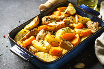 Chicken meat with pumpkin and potato. One pot baked dish.