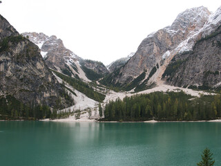 Fototapeta na wymiar The Croda del Becco peak, which is visible from Lake Braies.