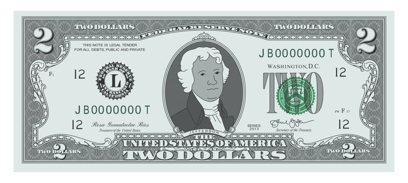US Dollars 2 banknote - American dollar bill cash money isolated on white background - two dollars