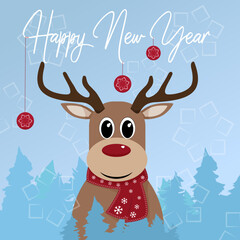 New Year and Christmas postcard with cartoon deer. Cute deer in forest saying "Happy New Year". Cartoon deer with scarf and Christmas toys.