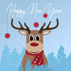 New Year and Christmas postcard with cartoon deer. Cute deer in forest saying 