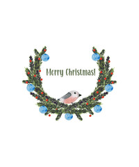 Christmas wreath. Watercolor hand drawn illustration for icons, banners, cards, decor.