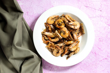 Delicious roasted grilled shrimps on plate