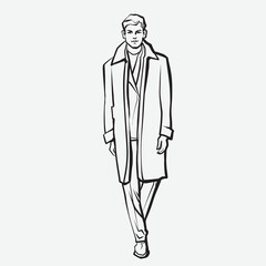 Young men. Fashion male model in coat. Ink pen drawing