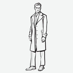 Young men. Fashion male model in coat. Ink pen drawing