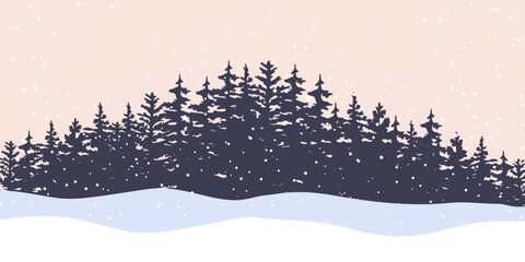 Silhouettes of spruce trees on a snowy blue background.Snowdrifts.Spruce tree forest 