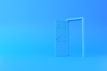 Open blue door in a room with a blue background. Architectural design element. Minimal creative concept. 3d rendering 3d illustration
