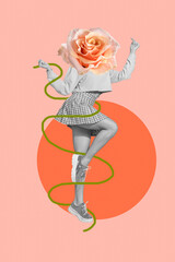 Vertical creative photo collage of positive funny good mood headless girl dancing flower instead of head isolated on pink color background - obrazy, fototapety, plakaty