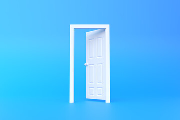 Open white door in a room with a blue background. Architectural design element. Minimal creative concept. 3d rendering 3d illustration