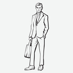 Young men. Fashion male model in suit. Ink pen drawing