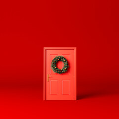 Festive christmas wreath of fir branches on a red front door. 3D Rendering