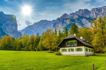 Fototapeta na wymiar Chalet in Koenigssee, Konigsee, Berchtesgaden National Park, Bavaria, Germany