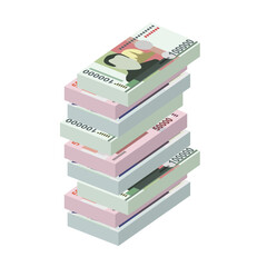 Lao Kip Vector Illustration. Laos money set bundle banknotes. Paper money 10000, 50000, 100000 LAK. Flat style. Isolated on white background. Simple minimal design.