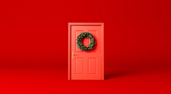 Festive christmas wreath of fir branches on a red front door. 3D Rendering