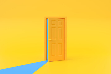 Blue light going through the opening door in yellow background room. Architectural design element. Minimal creative concept. 3D rendering 3D illustration