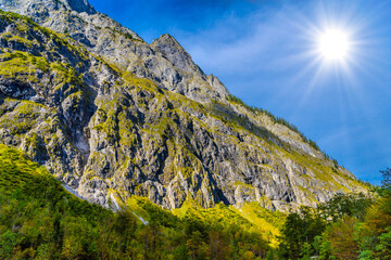 Valley in Alps mountains near Koenigssee, Konigsee, Berchtesgaden National Park, Bavaria, Germany.