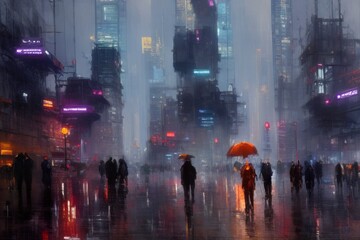 computer generated futuristic dystopian city landscape. people in the street digital painting rainy dark urban landscape.