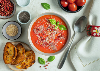  Tomato cream soup with baguette slices, basil, chia, sesame, red and black pepper on a marble table decorated with white napkin, spoon and green leaves. Top view .