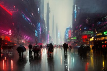 computer generated futuristic dystopian city landscape. people in the street digital painting rainy dark urban landscape.