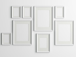Gallery wall mockup, white frames on the wall, minimalist frame mockup, 3d render