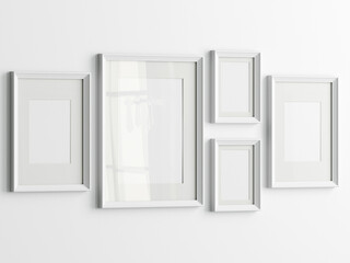 Gallery wall mockup, white frames on the wall, minimalist frame mockup, 3d render