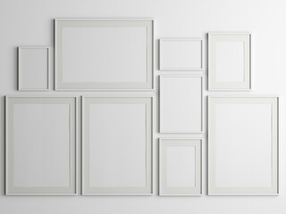 Gallery wall mockup, white frames on the wall, minimalist frame mockup, 3d render