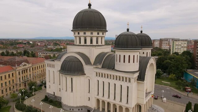 Aerial video of the Orthodox Cathedral in Arad city, Romania. The footage was shot from a drone while flying close to the Cathedrals towers.
