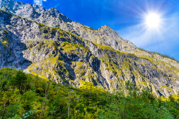 Valley in Alps mountains near Koenigssee, Konigsee, Berchtesgaden National Park, Bavaria, Germany.