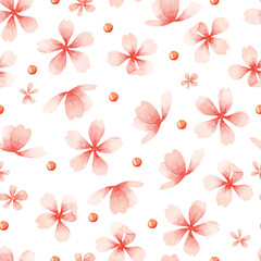 Fototapeta na wymiar Sakura pink flowers and dots watercolor seamless pattern 