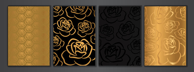 Luxury Rose Background Texture Set in Black and Gold. Flower Frame Collection