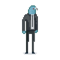 Illustration of a pigeon man , pixel art meme