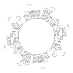 Round frame with a drawing of a city landscape, made in the style of line art. Editable stroke. Vector illustration