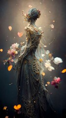 Woman in long ornate dress looks over an ethereal landscape with abstract flowers and hearts
