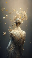 Abstract of a woman spirit in an long ornate ethereal dress with flowers and hearts