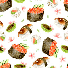 Sushi, unagi, caviar watercolor seamless pattern 