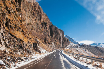 Trekking in the mountains. Mountain landscapes and off-road trails by car or on foot. view of the canyon from the road