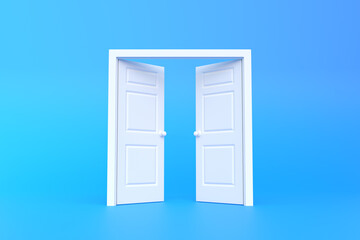 Double door open in blue background room. Architectural design element. Minimal creative concept. 3D rendering 3D illustration