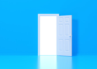 White light shines from an open door in blue background room. Architectural design element. Minimal creative concept. 3D rendering 3D illustration