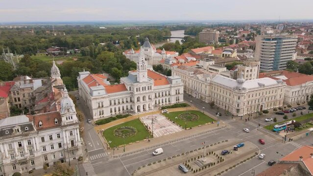 erial footage over Arad city center with the Administrative palace in the view. Video was shot from a drone while flying forward towards the city Hall.
