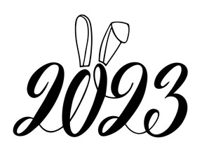 Number 2023 with rabbit ears. Happy 2023 new year. Chinese horoscope Handwritten vector illustration. Design for seasonal holidays flyers, greeting card for Merry Christmas and happy new year
