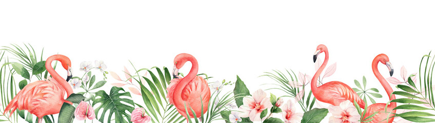 Watercolor tropical seamless border. Trendy summer floral design. Pink flamingos, green leaves, exotic flowers. Floral frame template.